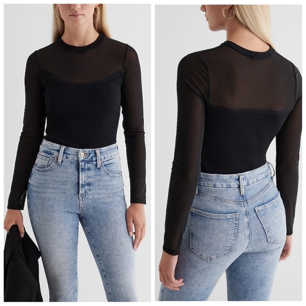 Express Mesh Ribbed Long Sleeve Sweater Bodysuit 🖤